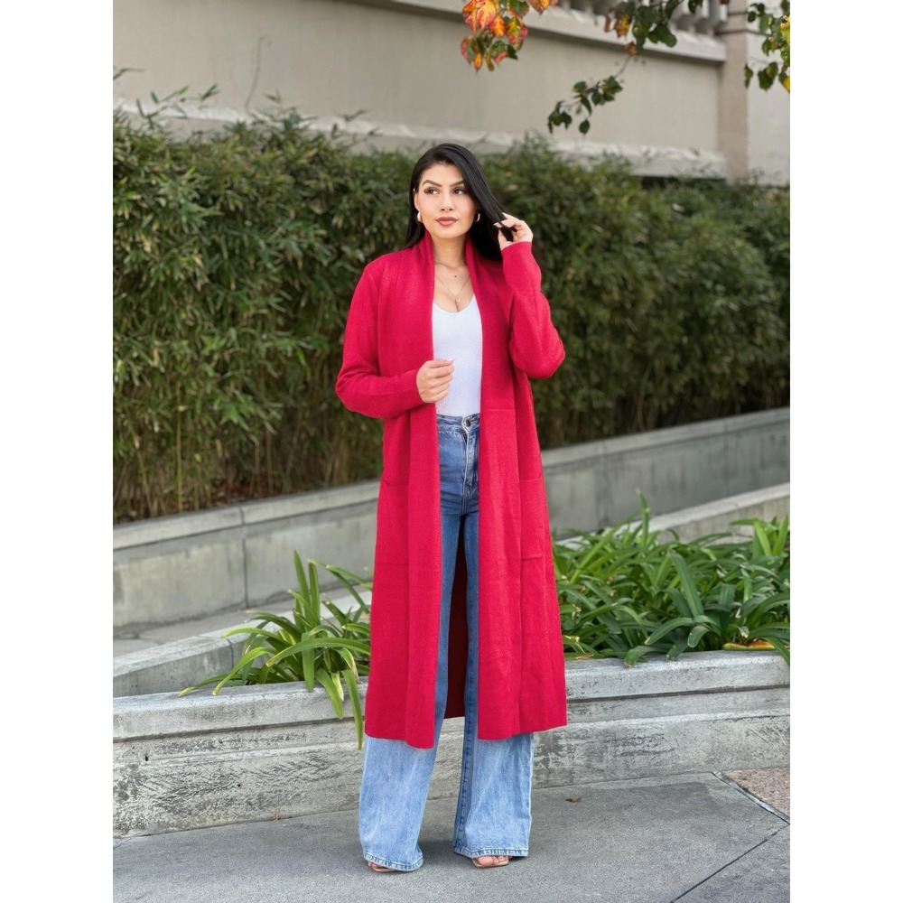 Longline Open Front Cardigan Red Duster‎ Knit Sweater Women